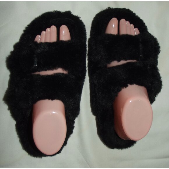 Steve Madden Slippers Womens Size 8 Black Faux Fur Fuzzy Slide House Shoes - Picture 6 of 12